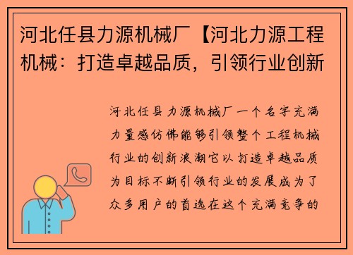 河北任县力源机械厂【河北力源工程机械：打造卓越品质，引领行业创新】