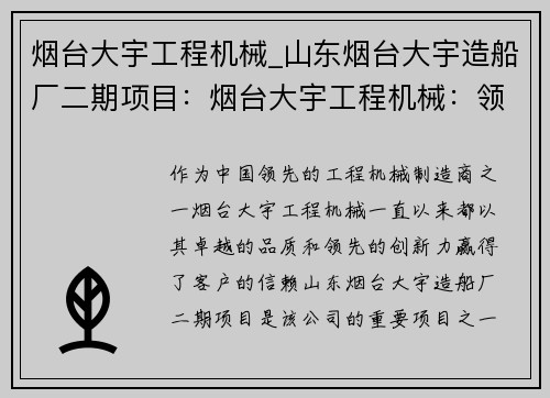 烟台大宇工程机械_山东烟台大宇造船厂二期项目：烟台大宇工程机械：领先行业的创新力